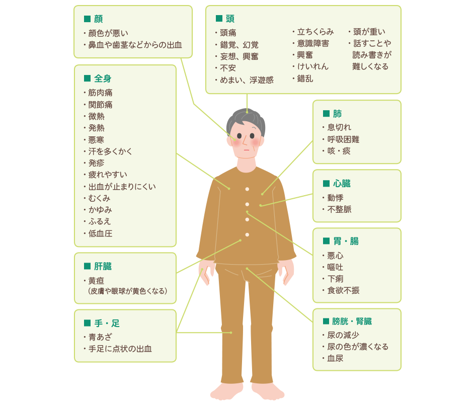 キムリアの副作用で、顔、頭、全身、肺、心臓、胃・腸、肝臓、手・足、膀胱・腎臓にあらわれる症状