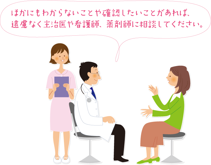 ほかにもわからないことや確認したいことがあれば、遠慮なく主治医や看護師、薬剤師に相談してください。