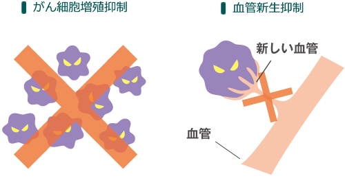 がん細胞増殖抑制と血管新生抑制のイメージ