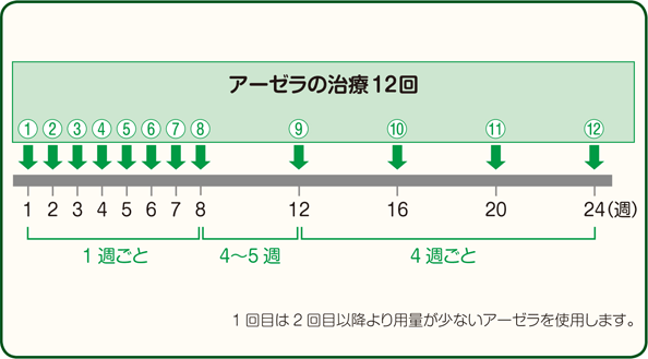 アーゼラの治療12回 1回目は2回目以降より用量が少ないアーゼラを使用します。