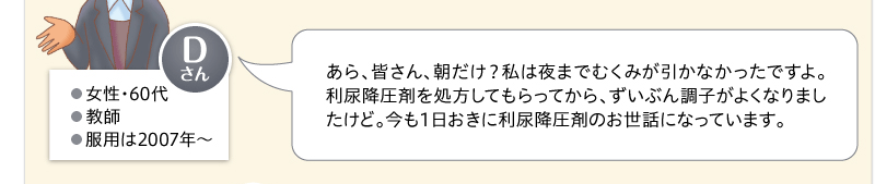 あら、皆さん、朝だけ？私は夜までむくみが引かなかったですよ。利尿降圧剤を処方してもらってから、ずいぶん調子がよくなりましたけど。今も１日おきに利尿降圧剤のお世話になっています。