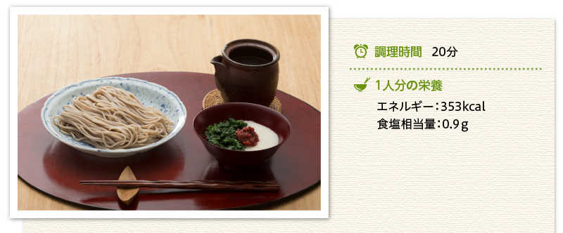 モロヘイヤととろろの梅つけそば出来上がり写真　調理時間20分　1人分の栄養　エネルギー　353キロカロリー　食塩相当量　0.9グラム