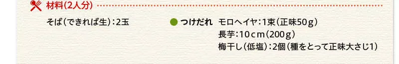 材料（２人分）そば（できれば生）　2玉　つけだれ　モロヘイヤ　1束（正味50ｇ）　長芋　10ｃｍ（200ｇ）　梅干し（低塩）　2個（種をとって正味大さじ1）