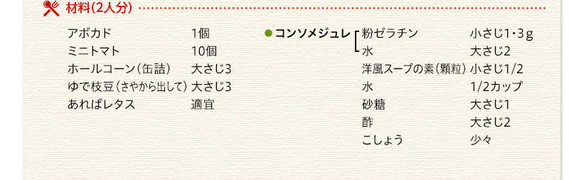 材料（2人分）　コンソメジュレ　粉ゼラチン　小さじ1　3ｇ　水　大さじ2　洋風スープの素（顆粒）　小さじ1/2　水　1/2カップ　砂糖　大さじ1　酢　大さじ2　こしょう　少々　アボカド　1個　ミニトマト　10個　ホールコーン（缶詰）　大さじ3　ゆで枝豆（さやから出して）　大さじ3　あればレタス　適宜