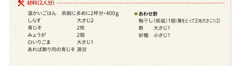 材料（2人分）　温かいごはん　400ｇ　あわせ酢　梅干し（低塩）1個（種をとって正味大さじ1/2）　酢　大さじ1　砂糖　小さじ1　しらす　大さじ2　青じそ　2枚　みょうが　2個　白いりごま　大さじ1　あれば飾り用の青じそ　適宜