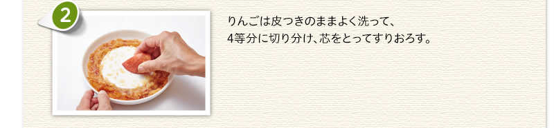 りんごは皮つきのままよく洗って、4等分に切り分け、芯をとってすりおろす。