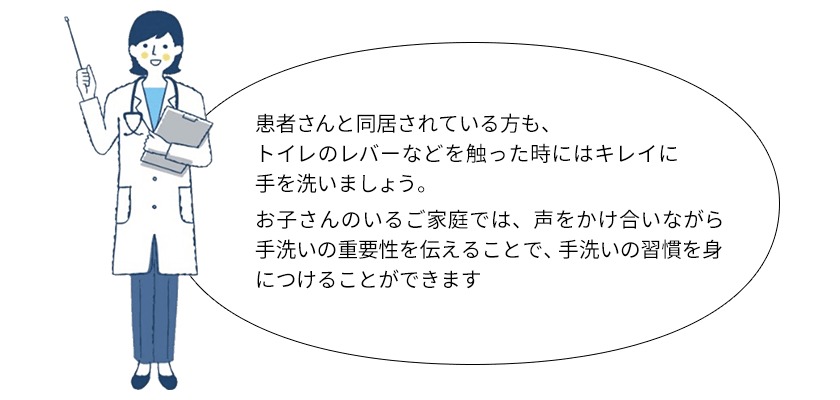患者さんと同居されている方も、トイレのレバーなどを触った時にはキレイに手を洗いましょう。お子さんのいるご家庭では、声をかけ合いながら手洗いの重要性を伝えることで、手洗いの習慣を身につけることができます