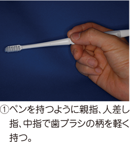 ①ペンを持つように親指、人差し指、中指で歯ブラシの柄を軽く持つ。