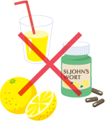 グレープフルーツ、グレープフルーツジュース、セイヨウオトギリソウ（セント・ジョーンズ・ワート）を含む健康食品のイメージ